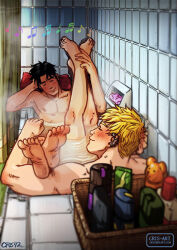 Rule 34 | 2boys, bara, bathroom, bathtub, black hair, blonde hair, blush, couple, cris art, ear piercing, elbow rest, feet, full body, hulkling, leaning back, leg lift, leg on another&#039;s shoulder, male focus, marvel, multiple boys, musical note, nude, partially submerged, pectorals, piercing, relaxing, same-sex bathing, shampoo bottle, shared bathing, short hair, sideburns, soap, soles, thick eyebrows, toes, toned, toned male, wiccan, yaoi