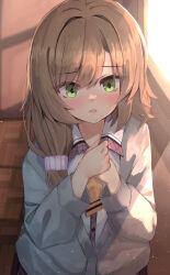 Rule 34 | 1girl, absurdres, blush, brown hair, commentary request, eyelashes, eyes visible through hair, green eyes, grey jacket, hair between eyes, hair ornament, hair scrunchie, hands up, highres, indoors, jacket, light particles, long hair, long sleeves, looking at viewer, low side ponytail, mikuni sairi, necktie, nodoameyatou, open mouth, own hands together, pink scrunchie, school uniform, scrunchie, shirt, short necktie, shy, side ponytail, sidelighting, solo, spiked hair, straight-on, tenshi souzou re-boot!, upper body, white shirt, window, yellow necktie