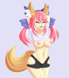 Rule 34 | 10s, 1girl, :d, alternate costume, animal ears, arms up, black shorts, breasts, ecstasy (icyblue), closed eyes, fang, fate/extella, fate/extra, fate/grand order, fate (series), fox ears, fox tail, highres, kitsune, large breasts, long hair, midriff, monster girl, navel, nipple slip, nipples, no bra, no panties, open mouth, pink hair, shirt, shorts, simple background, smile, tail, tamamo no mae (fate/extra), tight clothes, underboob, white shirt, wide hips, yellow eyes