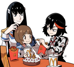 3girls alternate_eye_color anniversary bag black_hair bob_cut brown_eyes brown_hair cake commentary cup disposable_cup english_commentary epaulettes feeding food french_fries grey_eyes jacket junketsu kill_la_kill kiryuuin_satsuki kukuruyo long_hair mankanshoku_mako matoi_ryuuko mcdonald&#039;s multicolored_clothes multicolored_hair multicolored_jacket multiple_girls paper_bag parody red_hair school_uniform serafuku siblings sisters streaked_hair thick_eyebrows two-tone_hair two-tone_jacket yoru_mac