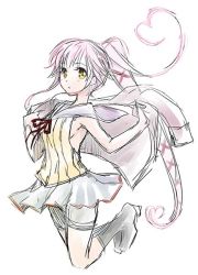 Rule 34 | 10s, 1girl, black socks, commentary request, full body, hair flaps, hair ornament, hair ribbon, heart, holding, holding clothes, jacket, jumping, kantai collection, kneehighs, kusakabe rei, long hair, looking at viewer, neck ribbon, pink hair, pleated skirt, ponytail, red ribbon, ribbon, school uniform, serafuku, side ponytail, simple background, skirt, sleeveless, socks, solo, very long hair, white background, yura (kancolle), yura kai ni (kancolle)