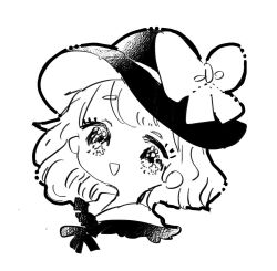 Rule 34 | 1girl, black bow, black bowtie, black hat, bow, bowtie, commentary request, cropped shoulders, eyelashes, flower in mouth, frilled shirt collar, frills, hat, hat bow, highres, komeiji koishi, looking at viewer, monochrome, open mouth, short hair, simple background, smile, solo, suzune hapinesu, touhou, white background