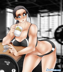 Rule 34 | 1girl, absurdres, antenna hair, arm support, artist name, bare legs, bare shoulders, blue eyes, breast press, breast rest, breasts, breasts on table, cleavage, cup, curvy, desk, grey hair, gym shirt, gym shorts, gym uniform, highres, holding, holding cup, jago dibuja, large breasts, lips, long hair, looking at viewer, mila (living with hipstergirl and gamergirl), mole, mole under mouth, muscular, muscular female, navel, open mouth, original, ponytail, shiny skin, shirt, short shorts, shorts, solo, thighs, wide hips