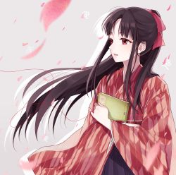 Rule 34 | 1girl, beige background, black hair, book, bow, chisumi, hair bow, hakama, hakama skirt, highres, holding, holding book, japanese clothes, kimono, long hair, looking to the side, original, parted bangs, parted lips, petals, pink bow, ponytail, red eyes, red kimono, sidelocks, simple background, skirt, smile, solo, string, string of fate, upper body, wide sleeves, yagasuri