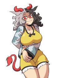 Rule 34 | 1girl, absurdres, animal ears, animal print, arm under breasts, black hair, breasts, cow ears, cow horns, cow print, cow tail, eddybird55555, grey hair, highres, horns, large breasts, long hair, looking at viewer, messy hair, multicolored hair, red eyes, red horns, shorts, smile, solo, tail, touhou, two-tone hair, ushizaki urumi, yellow shorts