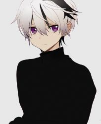 Rule 34 | 1girl, bad id, bad pixiv id, black sweater, closed mouth, earrings, expressionless, female focus, flower (vocaloid), flower (vocaloid4), grey background, grey hair, hair between eyes, hirota tsuu, jewelry, looking at viewer, multicolored hair, original, purple eyes, simple background, solo, streaked hair, sweater, upper body, vocaloid