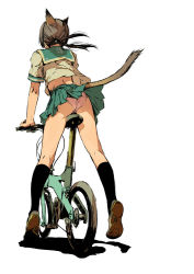 Rule 34 | 00s, 1girl, animal ears, ass, bad id, bad pixiv id, bicycle, branch (blackrabbits), brown hair, cat ears, cat tail, clothes lift, final fantasy, final fantasy xi, folding bicycle, kneehighs, lifted by tail, midriff, mithra (ff11), panties, pantyshot, pink panties, pleated skirt, school uniform, serafuku, simple background, skirt, skirt lift, socks, solo, tail, tall bicycle, twintails, underwear, upskirt, white background