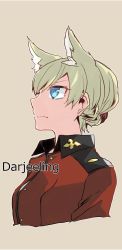 Rule 34 | 10s, animal ears, asuka (junerabitts), blonde hair, blue eyes, character name, cropped arms, cropped torso, darjeeling (girls und panzer), expressionless, girls und panzer, sketch, solo, st. gloriana&#039;s military uniform, tan background
