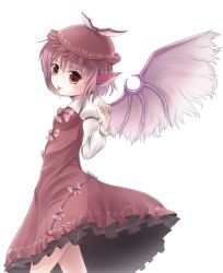 Rule 34 | 1girl, :p, animal ears, brown dress, brown eyes, dress, feathered wings, female focus, hat, highres, k-sk style, long sleeves, mystia lorelei, pink hair, puffy long sleeves, puffy sleeves, short hair, solo, tongue, tongue out, touhou, white background, winged hat, wings