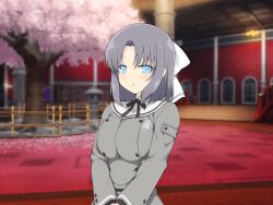 1girl :o architecture blue_eyes blush bow breasts bridge buttons cherry_blossoms cherry_tree double-breasted east_asian_architecture gessen_academy_uniform grey_hair grey_shirt hair_bow indoors large_breasts long_sleeves looking_at_viewer official_art open_mouth plant red_carpet rock school school_emblem school_uniform senran_kagura senran_kagura_new_link senran_kagura_shinovi_versus shirt short_hair solo stone_lantern tree upper_body white_bow window yaegashi_nan yumi_(senran_kagura)