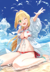 Rule 34 | 1girl, ;d, ahoge, bare shoulders, beach, bead anklet, bikini, blonde hair, blue sky, blush, breasts, cleavage, criss-cross halter, day, earrings, fate/grand order, fate (series), green eyes, hair between eyes, hair intakes, hair ribbon, halterneck, highres, jewelry, large breasts, long hair, looking at viewer, navel, nero claudius (fate), nero claudius (fate) (all), nero claudius (swimsuit caster) (fate), nero claudius (swimsuit caster) (third ascension) (fate), ocean, one eye closed, open mouth, outdoors, outstretched arm, ribbon, see-through, sitting, sky, smile, solo, striped bikini, striped clothes, swimsuit, thighs, tuchinokoeffect, wariza, white ribbon