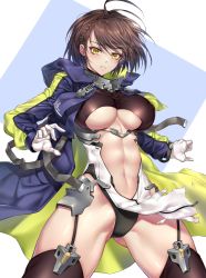 Rule 34 | 1girl, absurdres, ahoge, azur lane, bad id, bad twitter id, baltimore (azur lane), black leotard, blush, boots, braid, breasts, brown hair, center opening, clothing cutout, coat, cowboy shot, floating hair, garter straps, gloves, groin, hair between eyes, hands up, highres, large breasts, leotard, looking at viewer, nasaniliu, navel, open clothes, open coat, open mouth, pelvic curtain, purple coat, rigging, short hair, simple background, solo, stomach, thigh boots, thighhighs, thighs, torn clothes, underboob cutout, white gloves, yellow eyes