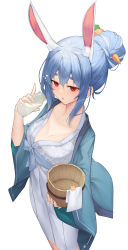 Rule 34 | 1girl, absurdres, alternate hairstyle, animal ears, aoria, blue hair, bottle, breasts, bucket, carrot hair ornament, cleavage, food-themed hair ornament, hair between eyes, hair bun, hair ornament, highres, holding, holding bottle, holding bucket, hololive, japanese clothes, kimono, looking at viewer, medium breasts, milk bottle, multicolored hair, rabbit ears, red eyes, short hair, simple background, single hair bun, solo, thick eyebrows, two-tone hair, usada pekora, virtual youtuber, white background, white hair, white kimono