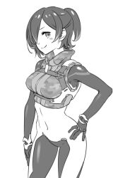 Rule 34 | 1girl, android, arm at side, blush, breasts, camouflage, camouflage jacket, chest harness, closed mouth, contrapposto, cropped jacket, greyscale, hair over one eye, half updo, hand on own hip, harness, highres, hololive, jacket, joints, large breasts, looking at viewer, magari (c0rn3r), mechanical arms, monochrome, navel, no pants, roboco-san, roboco-san (1st costume), robot joints, short ponytail, simple background, sleeveless, sleeveless jacket, smirk, solo, standing, turtleneck, turtleneck jacket, underbust, v-shaped eyebrows, virtual youtuber, zipper pull tab
