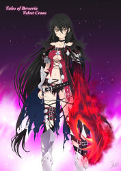 Rule 34 | 1girl, artist name, backlighting, belt, belt buckle, black hair, black neckwear, braid, breasts, buckle, cape, character name, choker, claws, commentary request, copyright name, highres, isshi pyuma, long hair, looking at viewer, navel, red shirt, revealing clothes, revision, shirt, signature, solo, tales of (series), tales of berseria, text focus, torn clothes, velvet crowe, yellow eyes