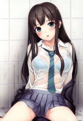 Rule 34 | 10s, 1girl, blue bra, blush, bra, bra visible through clothes, brown hair, cardigan, d:, earrings, green eyes, highres, idolmaster, idolmaster cinderella girls, jewelry, long hair, looking at viewer, necklace, necktie, off shoulder, open mouth, pleated skirt, scan, school uniform, see-through, shibuya rin, shirt, skirt, solo, tanaka shoutarou, tile wall, tiles, underwear, wet, wet clothes, wet shirt