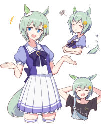 Rule 34 | +++, 1girl, = =, animal ears, arms behind head, azu ankoowl, black shirt, blue eyes, bow, bowtie, closed eyes, closed mouth, cropped legs, cropped torso, frown, green hair, hair ornament, hairclip, highres, horse ears, horse girl, horse tail, motion lines, multiple views, open mouth, overalls, puffy short sleeves, puffy sleeves, purple shirt, sailor collar, school uniform, seiun sky (umamusume), shirt, short hair, short sleeves, shrugging, simple background, skirt, smile, squiggle, tail, thighhighs, tracen school uniform, umamusume, white background, white skirt, white thighhighs
