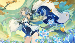 Rule 34 | 1girl, arm up, bare legs, blue flower, blue hair, cat princess, chinese commentary, commentary request, cowboy shot, detached sleeves, dress, egasumi, flower, genshin impact, gradient hair, green eyes, grey hair, guizhong (genshin impact), hair ornament, long hair, looking at viewer, mountain, multicolored hair, open mouth, outdoors, petals, signature, sky, sleeves past fingers, sleeves past wrists, smile, solo, starry sky print, tassel, very long hair, white dress, wide sleeves, yellow sky
