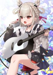 Rule 34 | 1girl, black skirt, blush, bow, braid, commentary request, commission, copyright request, frilled skirt, frills, grey hair, guitar, hair between eyes, hair bow, hair rings, highres, hiiragi kei, holding, holding instrument, holding microphone, instrument, long sleeves, looking away, microphone, open mouth, plaid, plaid skirt, pleated skirt, puffy long sleeves, puffy sleeves, red bow, red eyes, red skirt, sailor collar, school uniform, serafuku, shirt, skeb commission, skirt, sleeves past wrists, solo, standing, twin braids, two-tone shirt, two-tone skirt, virtual youtuber, white sailor collar, white shirt