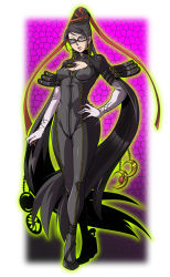 Rule 34 | 1girl, bayonetta, bayonetta (series), black footwear, black hair, blue eyes, bodysuit, breasts, breasts apart, buckle, cleavage, cleavage cutout, clothing cutout, covered collarbone, covered erect nipples, earrings, elbow gloves, eyebrows, female focus, full body, glasses, gloves, grey eyes, hair bun, hand on own hip, jewelry, legs together, lips, long hair, medium breasts, mole, mole under mouth, nose, parted lips, red ribbon, ribbon, scales (pixiv280832), shoes, single hair bun, solo, standing, swept bangs, very long hair, white gloves