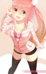 Rule 34 | 10s, 1girl, animal ears, blush, bra, breasts, cleavage, collarbone, fang, fate/extra, fate (series), fox ears, fox shadow puppet, fox tail, hair ribbon, highres, jewelry, large breasts, leaning forward, long hair, looking at viewer, necklace, official alternate costume, open clothes, open mouth, open shirt, pink bra, pink hair, ribbon, rimuu, shirt, smile, solo, standing, tail, tamamo no mae (fate/extra), tamamo no mae (spring casual) (fate), thighs, underwear, yellow eyes