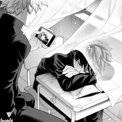 Rule 34 | 2boys, aged down, arms on table, artist name, bakugou katsuki, boku no hero academia, chair, cherry blossoms, classroom, closed eyes, closed mouth, covered mouth, crossed arms, crying, curly hair, curtains, desk, falling petals, freckles, from side, gakuran, greyscale, hand in pocket, hand up, head on arm, head rest, holding, holding phone, indoors, jacket, kamichi ka, leaning forward, long sleeves, male focus, midoriya izuku, monochrome, multiple boys, no eyes, notebook, on chair, pants, pen, petals, phone, profile, recording, school chair, school desk, school uniform, short hair, sitting, sleeping, spiked hair, tears, transparent, transparent curtains, upper body, wind, window