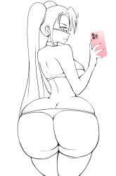 Rule 34 | 1girl, ass, bra, breasts, butt crack, choker, curvy, glasses, highres, highschool of the dead, holding, holding phone, huge ass, large breasts, long hair, looking at viewer, looking back, monochrome, panties, phone, solo, takagi saya, thick thighs, thighhighs, thighs, tight clothes, twintails, underwear, wide hips, zonen404