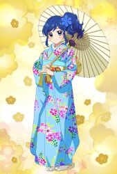 Rule 34 | 1girl, aikatsu!, aikatsu! (series), blue eyes, blue hair, blue kimono, closed mouth, commentary request, floral background, full body, furisode, hair ornament, highres, holding, holding umbrella, japanese clothes, kimono, kiriya aoi, kousuke0912, long sleeves, looking at viewer, medium hair, obi, oil-paper umbrella, print kimono, sandals, sash, side ponytail, smile, socks, solo, standing, swept bangs, tabi, textless version, umbrella, white footwear, white socks, yellow background, zouri