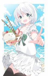 Rule 34 | 1girl, :d, black thighhighs, blue sky, blush, cloud, commentary request, day, food, frilled shirt, frilled skirt, frills, fruit, green eyes, hair between eyes, hair ornament, highres, holding, horizon, ice cream, looking at viewer, ocean, open mouth, original, outdoors, pointing, pointing at viewer, shirt, short sleeves, skirt, sky, smile, solo, strawberry, tantan men (dragon), thighhighs, wafer stick, water, white hair, white shirt, white skirt, x hair ornament