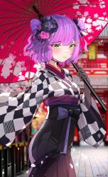 Rule 34 | 1girl, absurdres, argyle, artist name, blurry, blurry background, blush, breasts, choker, cowboy shot, elbow gloves, fishnet gloves, fishnets, floral print, flower, gloves, green eyes, hair flower, hair ornament, highres, hololive, japanese clothes, kimono, kkato, lace-trimmed choker, lace trim, long sleeves, looking at viewer, medium breasts, medium hair, obi, purple hair, sash, shrine, solo, swept bangs, tokoyami towa, tokoyami towa (new year), two side up, umbrella, virtual youtuber, wide sleeves
