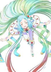 Rule 34 | 1girl, :d, antlers, blue hair, boots, bracelet, capelet, commentary request, floating hair, full body, gradient hair, green hair, highres, horns, jewelry, knee boots, leaning forward, long hair, looking at viewer, multicolored hair, open mouth, outstretched arms, pants, pretty series, red hair, ryuume (waccha primagi!), simple background, smile, solo, spread arms, standing, standing on one leg, very long hair, waccha primagi!, white background, white capelet, white footwear, white pants, yu (prpyuu)