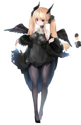 Rule 34 | 1girl, absurdres, black dress, black footwear, black pantyhose, black wings, blonde hair, blush, clenched hand, dress, full body, hair wings, hand up, head wings, highres, long hair, looking at viewer, original, pantyhose, pointy ears, red eyes, samesann, sleeveless, sleeveless dress, solo, twintails, very long hair, white background, wings