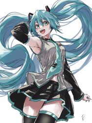 Rule 34 | absurdres, aqua eyes, aqua hair, armpits, black thighhighs, detached sleeves, dutch angle, endo yohane, from below, grey shirt, hair between eyes, hand in own hair, hatsune miku, highres, long hair, looking at viewer, navel, pleated skirt, shirt, skindentation, skirt, sleeveless, sleeveless shirt, smile, solo, teeth, thighhighs, thighs, tongue, twintails, twintails day, upper teeth only, vocaloid, white background, zettai ryouiki