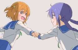 2girls, :d, ahoge, aqua eyes, blouse, blue hair, blue sailor collar, blue skirt, blush, closed mouth, commentary request, dated, eyebrows visible through hair, eyes visible through hair, foreshortening, from behind, from side, green ribbon, grey background, hair between eyes, hair ornament, hand holding, koisuru asteroid, konohata mira, leaning forward, long hair, long sleeves, looking at another, looking back, manaka ao, miyahara takuya, multicolored, multicolored eyes, multiple girls, one side up, open mouth, orange hair, pleated skirt, purple eyes, ribbon, sailor collar, shadow, short hair, sideways mouth, signature, simple background, skirt, smile, star (symbol), star hair ornament, star print, twintails, white blouse, white stripes