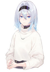 Rule 34 | 1girl, aqua eyes, beige shirt, cropped torso, expressionless, fingers together, grey hair, hair between eyes, hair intakes, hair ornament, hairband, high-waist skirt, highres, jewelry, looking at viewer, necklace, plaid, plaid skirt, ryuuou no oshigoto!, shirabi, simple background, skirt, snowflake hair ornament, solo, sora ginko, upper body, white background