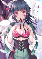 Rule 34 | 1girl, angel wings, blue hair, blue skirt, blunt bangs, blush, bra, breasts, bun cover, cleavage, commentary request, corset, cowboy shot, curtains, day, embarrassed, feathered wings, feathers, hands on own chest, indoors, layered sleeves, long hair, long sleeves, looking at viewer, love live!, love live! school idol festival, love live! sunshine!!, mouth hold, open clothes, open shirt, petals, pink bra, pink hair, shirt, skirt, smile, solo, tearing up, tears, tipii, tsushima yoshiko, underwear, white shirt, white wings, wide sleeves, window, wings