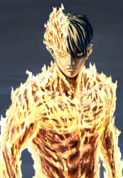 Rule 34 | 1boy, agni (fire punch), black eyes, black hair, burning, fire, fire punch, flaming eye, grey background, highres, looking at viewer, male focus, red-core timber, simple background, solo, standing, upper body
