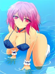 Rule 34 | 1girl, all fours, bikini, breasts, cleavage, female focus, gradient background, highres, large breasts, looking at viewer, nekominase, partially submerged, pink eyes, pink hair, ribbon, saigyouji yuyuko, short hair, smile, solo, swimsuit, touhou