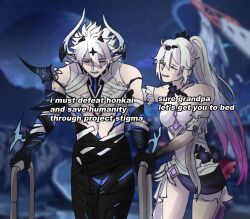 Rule 34 | 1boy, 1girl, absurdres, ahoge, bare legs, bare shoulders, breasts, chihuahuarien, closed eyes, commentary, detached sleeves, diabolic kevin (honkai impact), english commentary, english text, hair between eyes, high ponytail, highres, honkai (series), honkai impact 3rd, horns, kevin kaslana, kiana kaslana, kiana kaslana (herrscher of finality), long sleeves, medium breasts, meme, moon, multicolored hair, navel, outdoors, parody, parted lips, pointy ears, short hair, standing, sure grandma let&#039;s get you to bed (meme), white hair