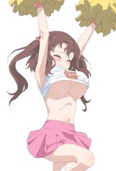 Rule 34 | 1girl, arms up, bouncing breasts, breasts, brown hair, cheerleader, closed mouth, ebina nana, floating hair, highres, himouto! umaru-chan, holding, holding pom poms, large breasts, leg up, navel, pink skirt, pom pom (cheerleading), pom poms, shirt, simple background, sincos, skirt, socks, solo, standing, twintails, underboob, wardrobe malfunction, wavy mouth, white background, white shirt
