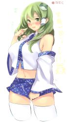 Rule 34 | 1girl, adapted costume, bad id, bad pixiv id, bare shoulders, blue skirt, cowboy shot, crop top, crop top overhang, deformed, detached sleeves, embarrassed, frog hair ornament, green eyes, green hair, hair ornament, highres, kochiya sanae, long hair, looking at viewer, matching hair/eyes, miniskirt, moriya suwako, open mouth, po. (medamaoyazi), pointing, pointing at self, shirt, skindentation, skirt, skirt hold, sleeveless, sleeveless shirt, snake hair ornament, solo, thighhighs, touhou, wavy mouth, white thighhighs, wide sleeves, zettai ryouiki