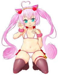 Rule 34 | 10s, 1girl, ahoge, animal ears, aqua eyes, bikini, cat ears, flat chest, full body, gluteal fold, green eyes, halterneck, heart, heart ahoge, kneeling, long hair, looking at viewer, navel, no shoes, onsoku inu, pink hair, rosia (show by rock!!), show by rock!!, simple background, solo, swimsuit, thigh strap, thighhighs, twintails, white background