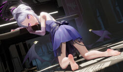 Rule 34 | 1girl, absurdres, barefoot, black horns, black wings, blue archive, blush, closed mouth, demon horns, demon wings, dress, elbow gloves, floor, gloves, grand piano, grey hair, halo, highres, hina (blue archive), hina (dress) (blue archive), horns, instrument, kneeling, long hair, mr ito, official alternate costume, official alternate hairstyle, piano, purple dress, purple eyes, purple gloves, solo, strapless, strapless dress, toes, wings