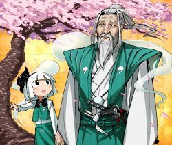 Rule 34 | 1boy, 1girl, :d, age difference, beard, black bow, black eyes, black hairband, black neckwear, black ribbon, blunt bangs, blush, bob cut, bow, bowtie, checkered background, cherry blossoms, facial hair, green hakama, green skirt, green vest, hair ribbon, hairband, hakama, hakama skirt, height difference, hitodama, holding hands, japanese clothes, katana, kimono, konpaku youki, konpaku youki (ghost), konpaku youmu, konpaku youmu (ghost), long hair, long sleeves, looking at another, old, old man, open mouth, orange background, petals, pointing, pom pom (clothes), ponytail, ribbon, scabbard, sheath, sheathed, shimizu pem, shirt, short hair, sidelocks, silver hair, skirt, skirt set, smile, sword, touhou, tree, vest, weapon, white kimono, white shirt, wide sleeves