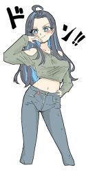 Rule 34 | 1girl, ahoge, black hair, blue eyes, blue hair, blue pants, blush, breasts, colored inner hair, denim, green shirt, hand on own hip, heart, heart necklace, highres, jeans, jewelry, kson, large breasts, long hair, multicolored hair, navel, necklace, onihime takun, pants, shirt, smile, solo, virtual youtuber, vshojo, white background