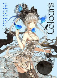 Rule 34 | 1girl, ass, bird, birdcage, breasts, cage, cleavage, hoshii hisa, large breasts, long hair, looking at viewer, original, silver hair, solo, thighhighs, yellow eyes