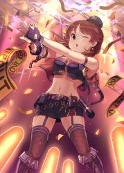 Rule 34 | 1girl, belt, belt skirt, black gloves, blue hat, blush, breasts, brown eyes, brown hair, caution tape, cleavage, cuffs, fingerless gloves, garter straps, gloves, handcuffs, hat, heart, highres, idolmaster, idolmaster cinderella girls, idolmaster cinderella girls starlight stage, kamille (vcx68), katagiri sanae, keep out, looking at viewer, medium breasts, midriff, nail polish, navel, one eye closed, open mouth, pink nails, police hat, short hair, solo, standing, thighhighs