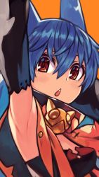 Rule 34 | 1girl, arm up, armpits, black sleeves, blue hair, breasts, chestnut mouth, detached sleeves, eyebrows hidden by hair, hair between eyes, highres, long hair, long sleeves, looking at viewer, open mouth, orange background, orange eyes, original, presenting armpit, ringed eyes, rumie, simple background, small breasts, solo, tiona, upper body