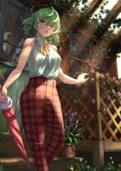 Rule 34 | 1girl, ascot, collared shirt, commentary request, feet out of frame, highres, holding, holding umbrella, kaden (muxt8423), kazami yuuka, light rays, looking at viewer, outdoors, pants, plaid, plaid pants, red eyes, red pants, red umbrella, shirt, sleeveless, sleeveless shirt, solo, touhou, umbrella, white shirt, yellow ascot