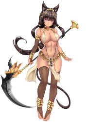 Rule 34 | 1girl, absurdres, animal ears, anklet, arms at sides, bare shoulders, barefoot, black gloves, black hair, black thighhighs, blush, bracelet, breasts, bridal gauntlets, bridal legwear, closed mouth, dark-skinned female, dark skin, egyptian, elbow gloves, full body, gloves, highres, jewelry, large breasts, long hair, looking at viewer, low-tied long hair, navel, oni-noboru, original, pelvic curtain, purple eyes, revealing clothes, scythe, simple background, single elbow glove, smile, solo, tail, thighhighs, toeless legwear, transparent background